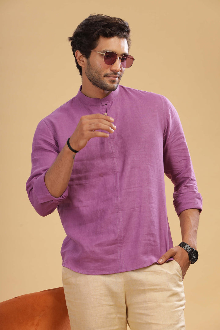 Quinn Half Placket Pure Linen Full Sleeve Shirt - Berry Purple