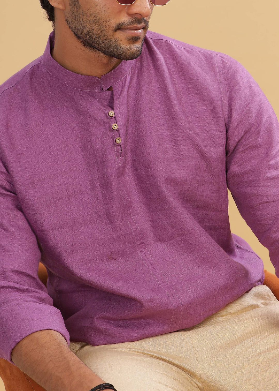 Quinn Half Placket Pure Linen Full Sleeve Shirt - Berry Purple