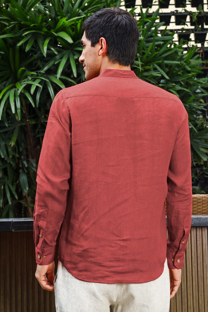 Quinn Half Placket Pure Linen Full Sleeve Shirt - Terracotta Red