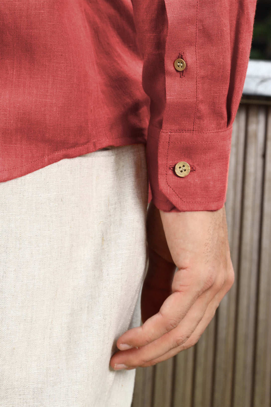 Quinn Half Placket Pure Linen Full Sleeve Shirt - Terracotta Red