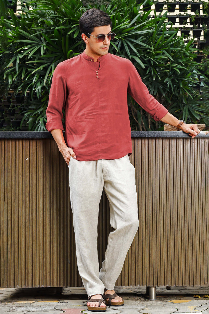 Quinn Half Placket Pure Linen Full Sleeve Shirt - Terracotta Red