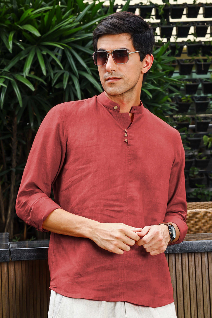 Quinn Half Placket Pure Linen Full Sleeve Shirt - Terracotta Red