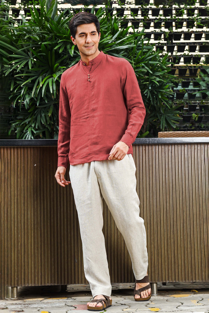 Quinn Half Placket Pure Linen Full Sleeve Shirt - Terracotta Red