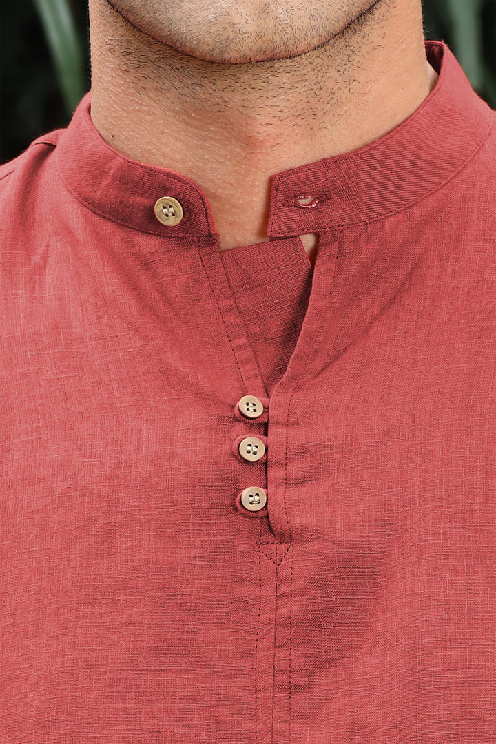 Quinn Half Placket Pure Linen Full Sleeve Shirt - Terracotta Red