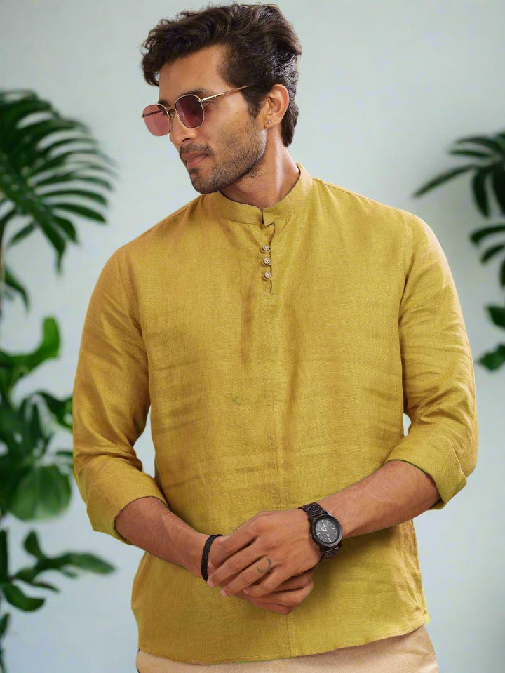 Quinn Half Placket Pure Linen Full Sleeve Shirt - Sunburst Yellow