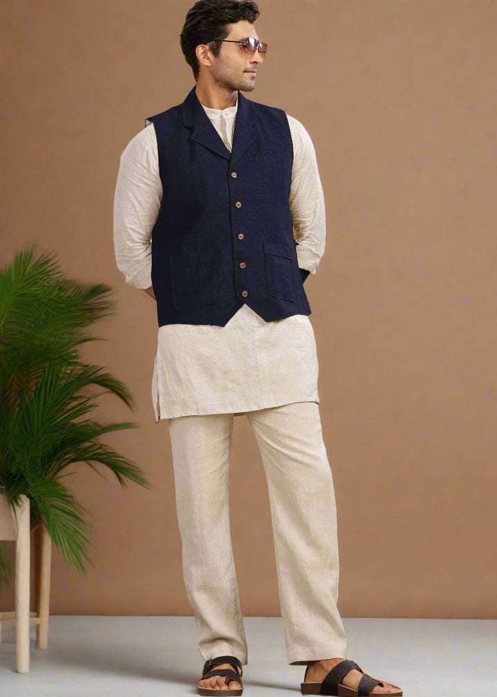 Pure Linen Waist Coat | Regal Blue