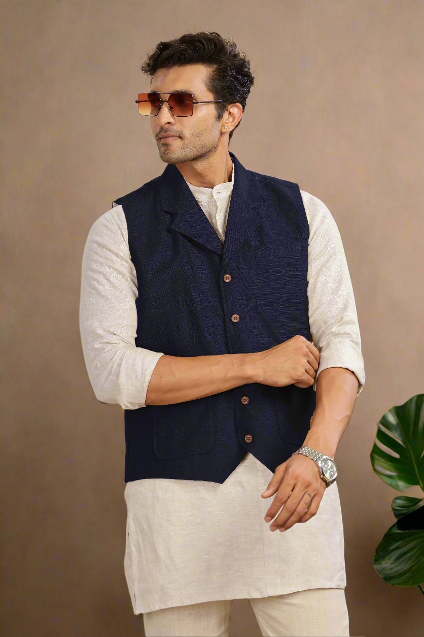 Pure Linen Waist Coat | Regal Blue