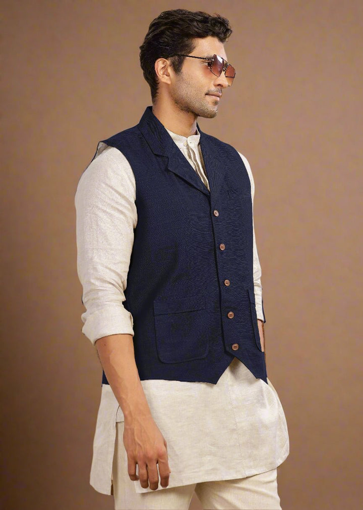 Pure Linen Waist Coat | Regal Blue