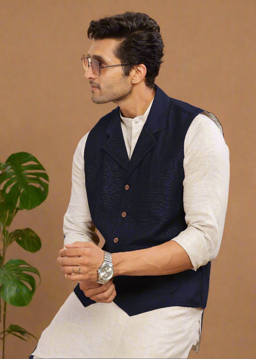 Pure Linen Waist Coat | Regal Blue