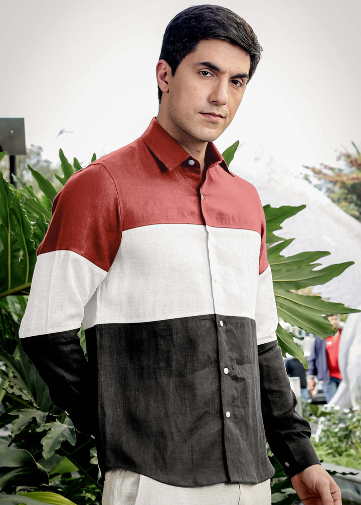 Rodeo - Retro Pure Linen Color Block Full Sleeve Shirt - Terracotta Red, White & Black