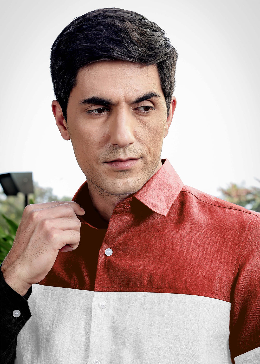 Rodeo - Retro Pure Linen Color Block Full Sleeve Shirt - Terracotta Red, White & Black