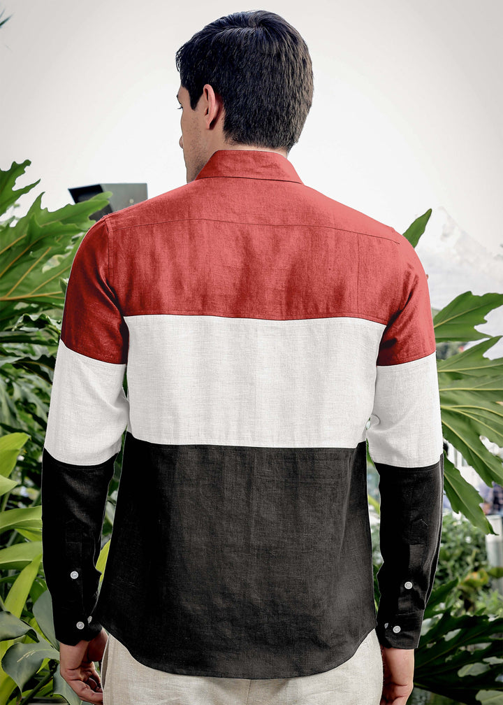Rodeo - Retro Pure Linen Color Block Full Sleeve Shirt - Terracotta Red, White & Black