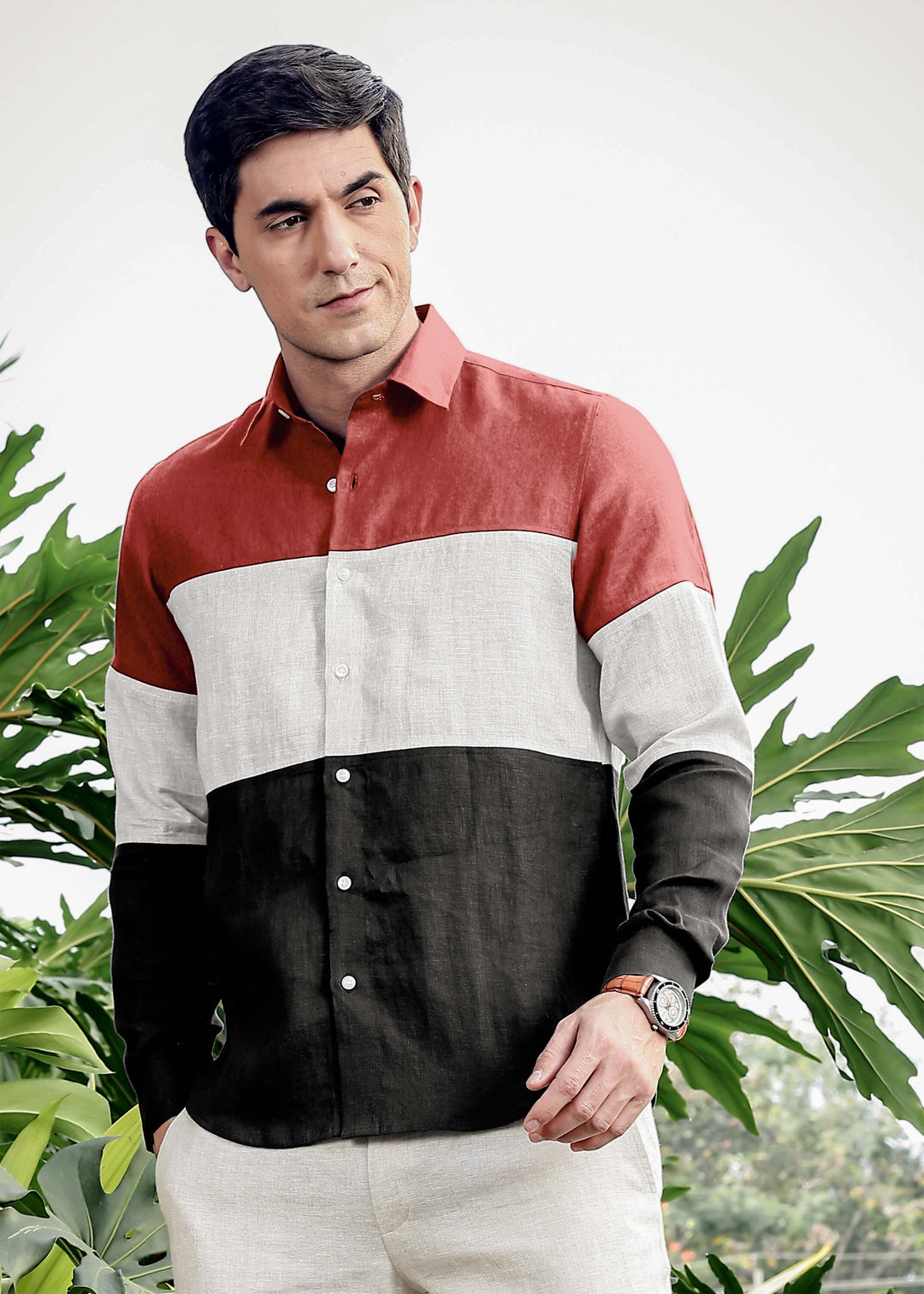 Rodeo - Retro Pure Linen Color Block Full Sleeve Shirt - Terracotta Red, White & Black