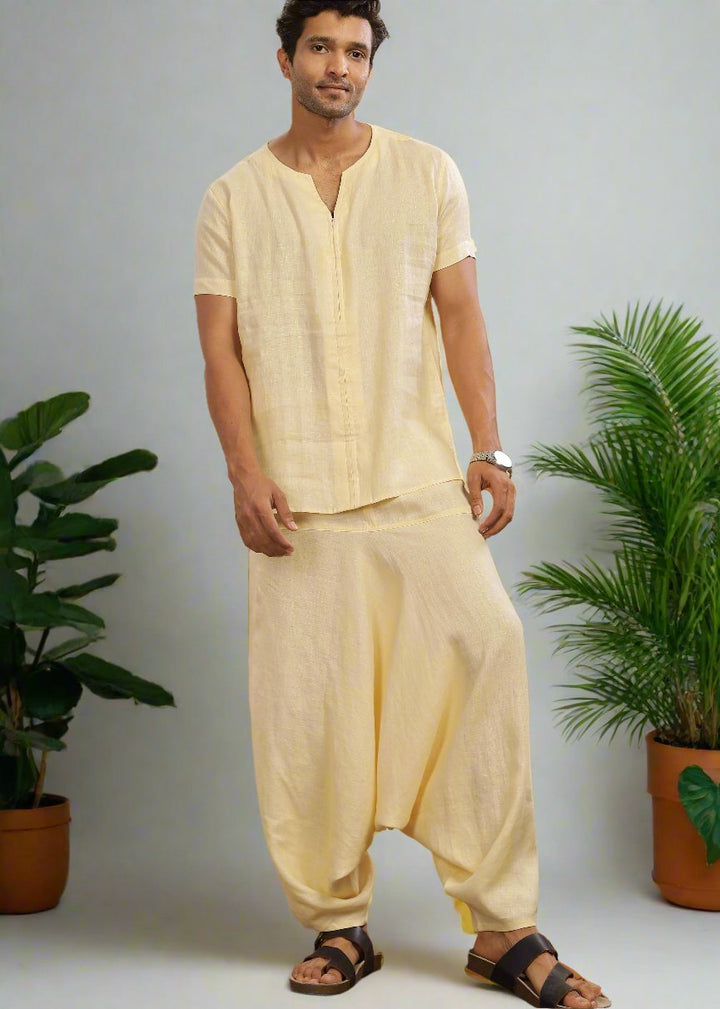 Linen T-Shirt & Harem Pants Co-Ord Set | Light Yellow