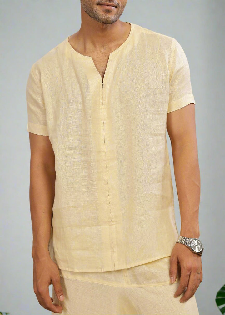 Roger - Notch Neck Pure Linen Short Sleeve T-Shirt with Zipper -  Light Yellow