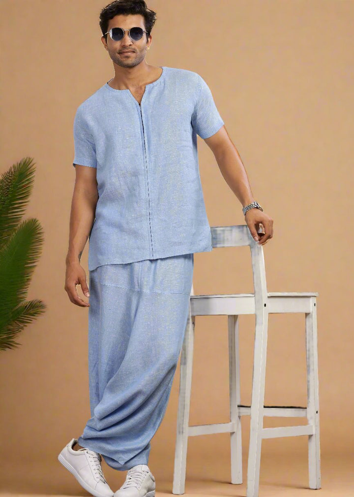 Linen T-Shirt & Harem Pants Co-Ord Set | Shutter Blue Chambray