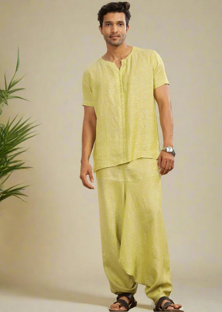 Linen T-Shirt & Harem Pants Co-Ord Set | Lime Green Chambray