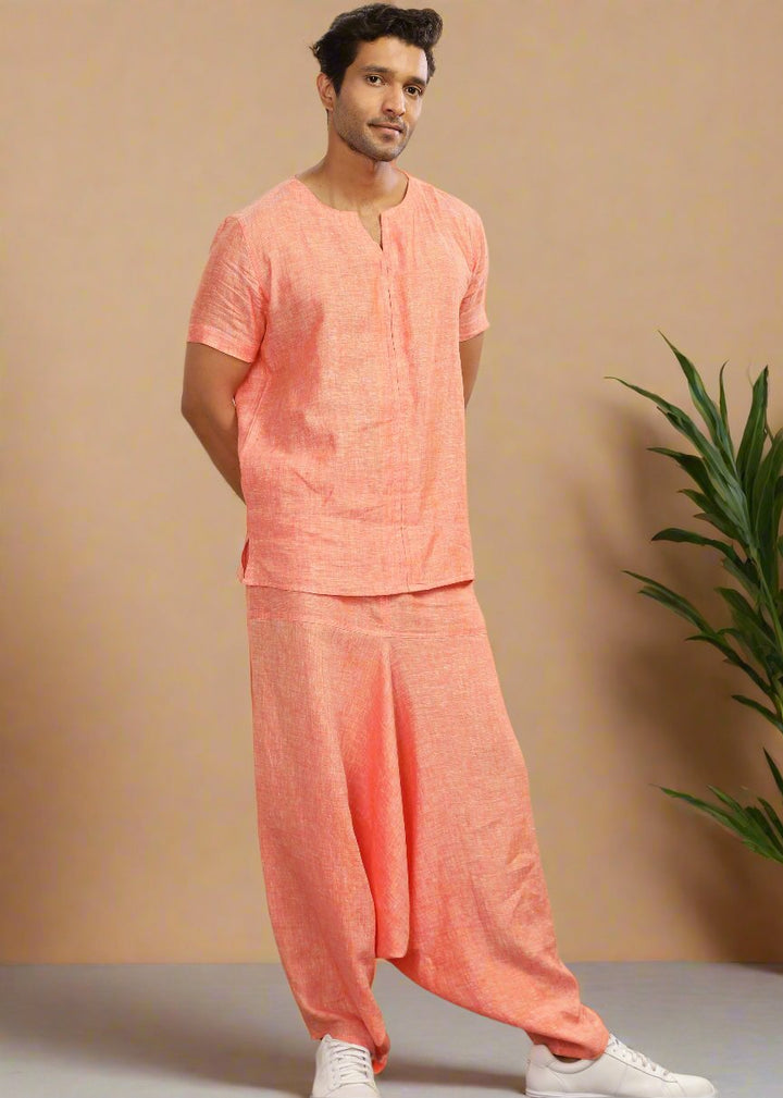 Linen T-Shirt & Harem Pants Co-Ord Set | Orange Chambray