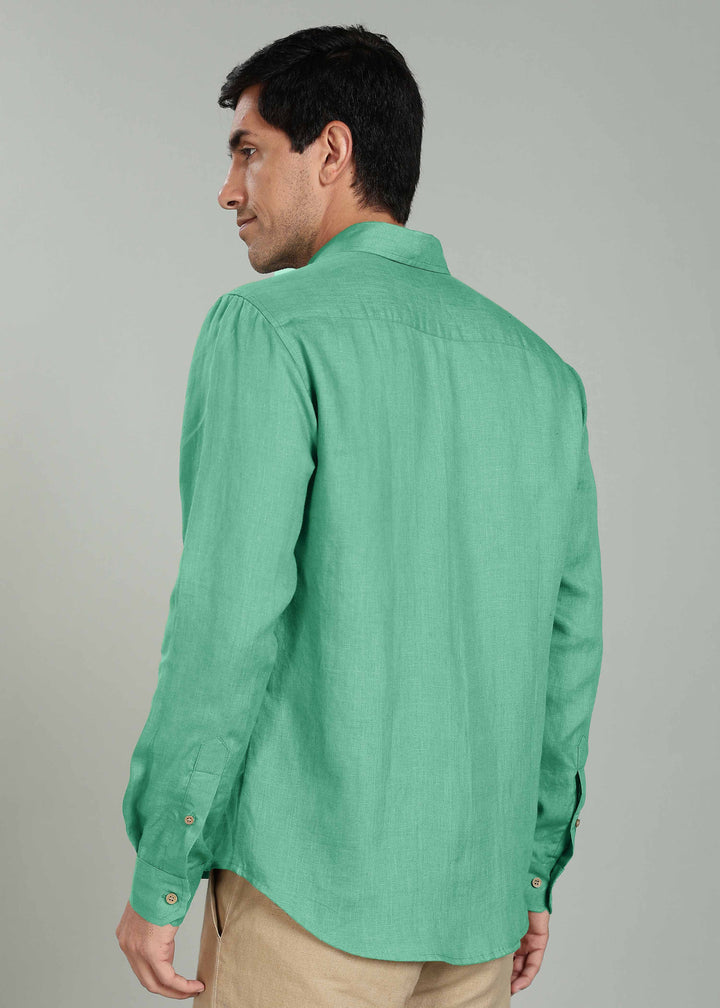 Ron - Pure Linen Full Sleeve Shirt - Cobalt Green