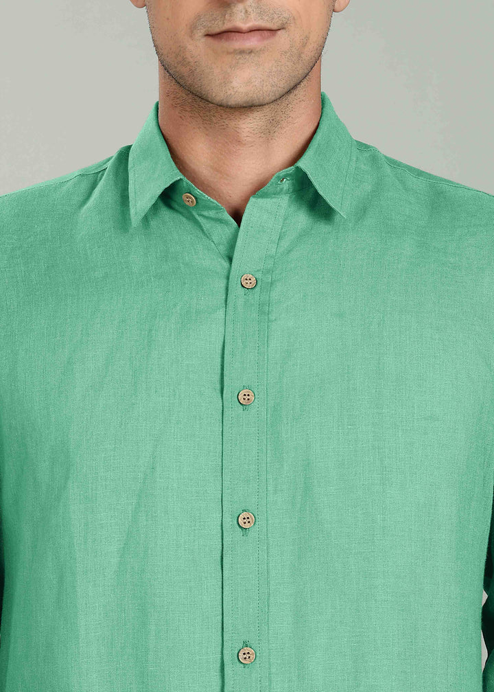 Ron - Pure Linen Full Sleeve Shirt - Cobalt Green