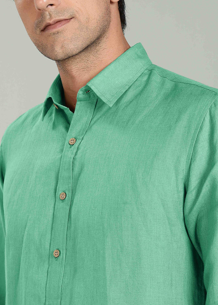 Ron - Pure Linen Full Sleeve Shirt - Cobalt Green