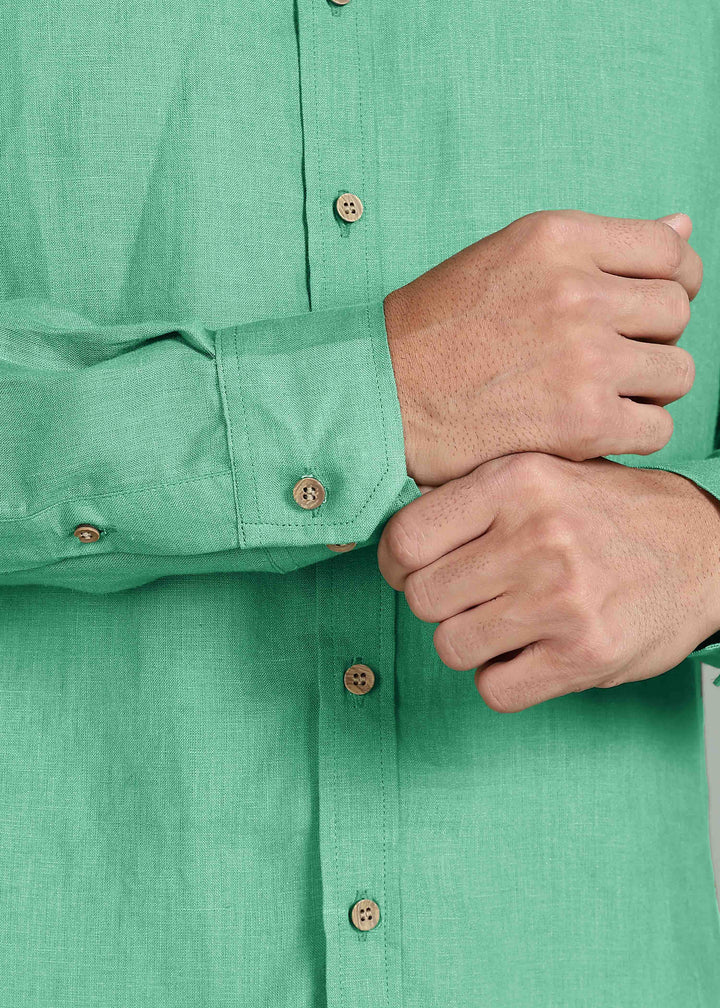 Ron - Pure Linen Full Sleeve Shirt - Cobalt Green