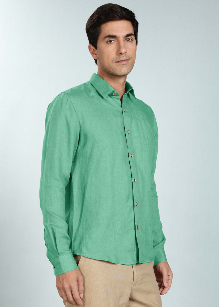 Ron - Pure Linen Full Sleeve Shirt - Cobalt Green