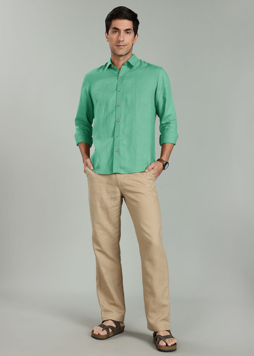 Ron - Pure Linen Full Sleeve Shirt - Cobalt Green
