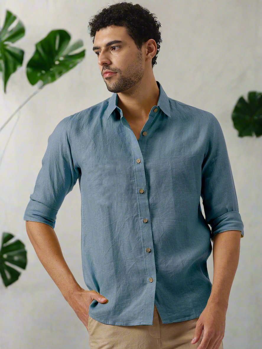 Ron - Pure Linen Full Sleeve Shirt - Blue Grey