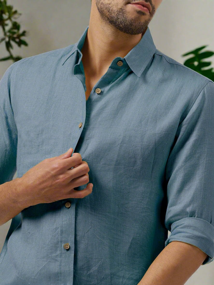 Ron - Pure Linen Full Sleeve Shirt - Blue Grey