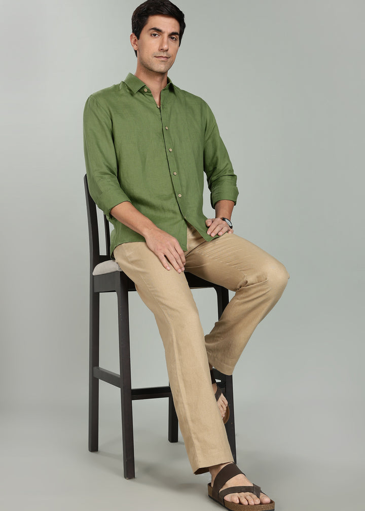 Ron - Pure Linen Full Sleeve Shirt - Cossack Green