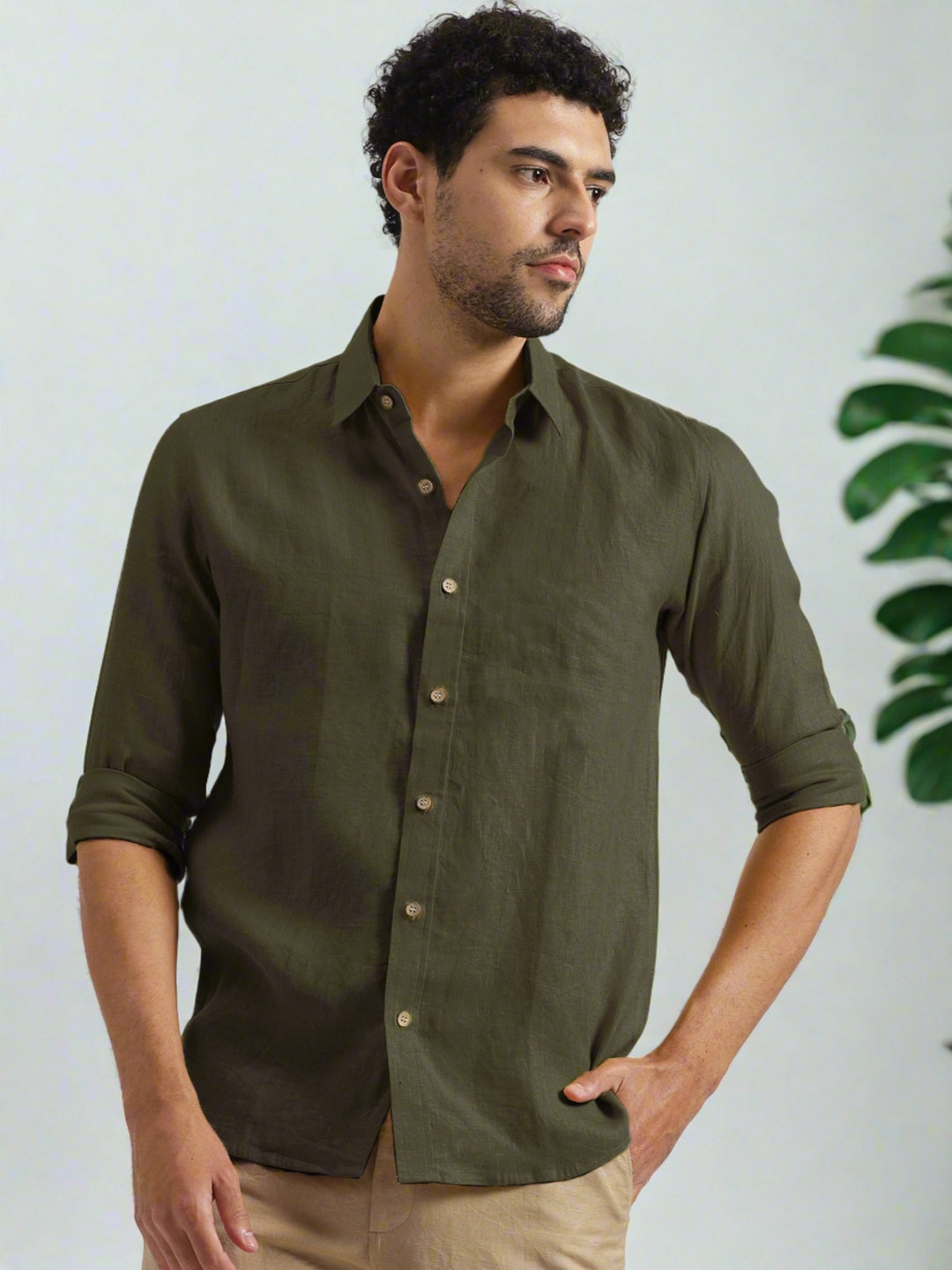 Ron - Pure Linen Full Sleeve Shirt - Moss Green