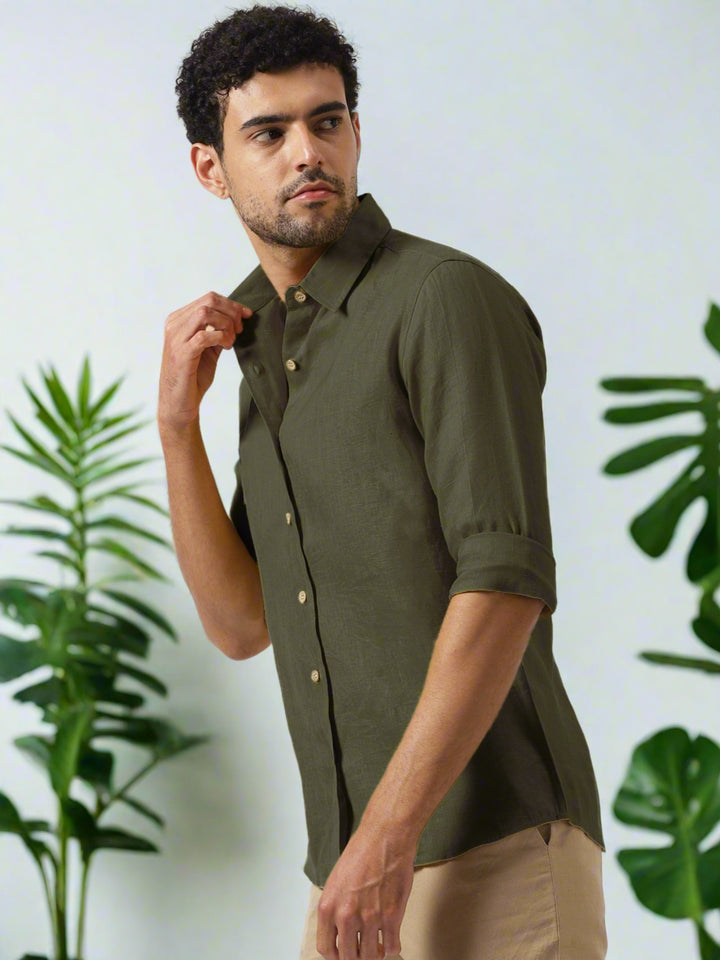 Ron - Pure Linen Full Sleeve Shirt - Moss Green