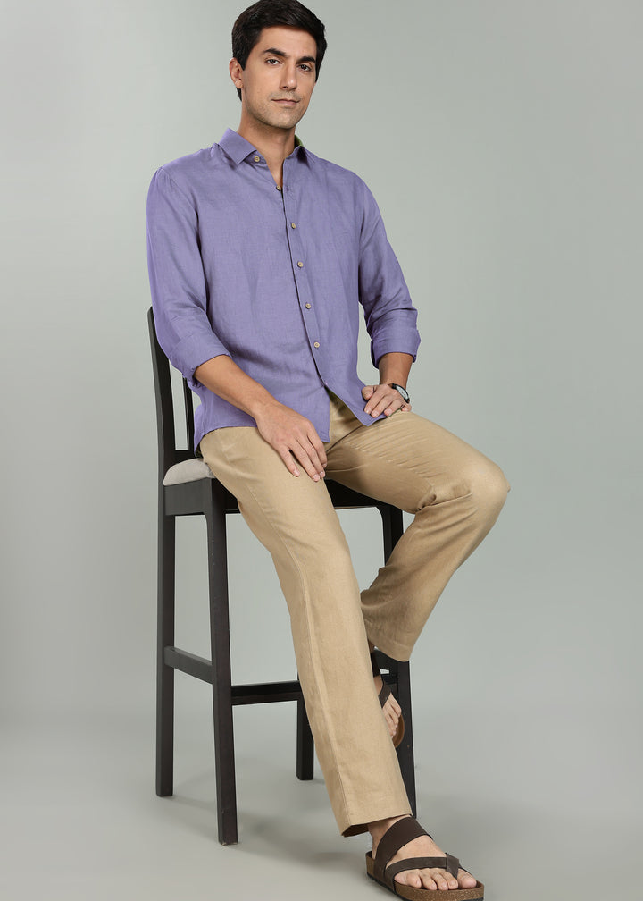 Ron - Pure Linen Full Sleeve Shirt - Lavender Violet