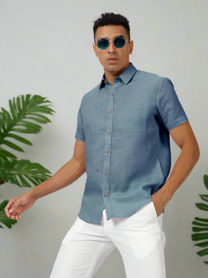 Ron - Pure Linen Half Sleeve Shirt - Blue Grey