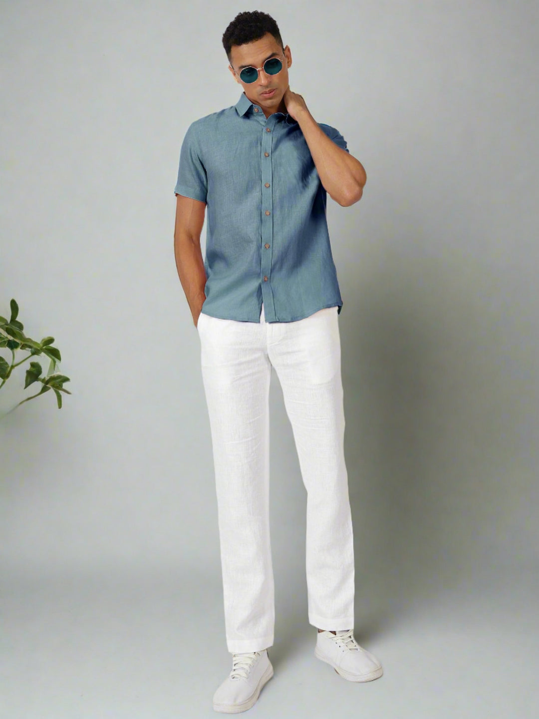 Ron - Pure Linen Half Sleeve Shirt - Blue Grey