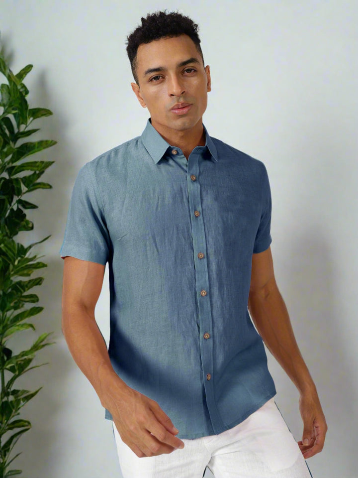 Ron - Pure Linen Half Sleeve Shirt - Blue Grey