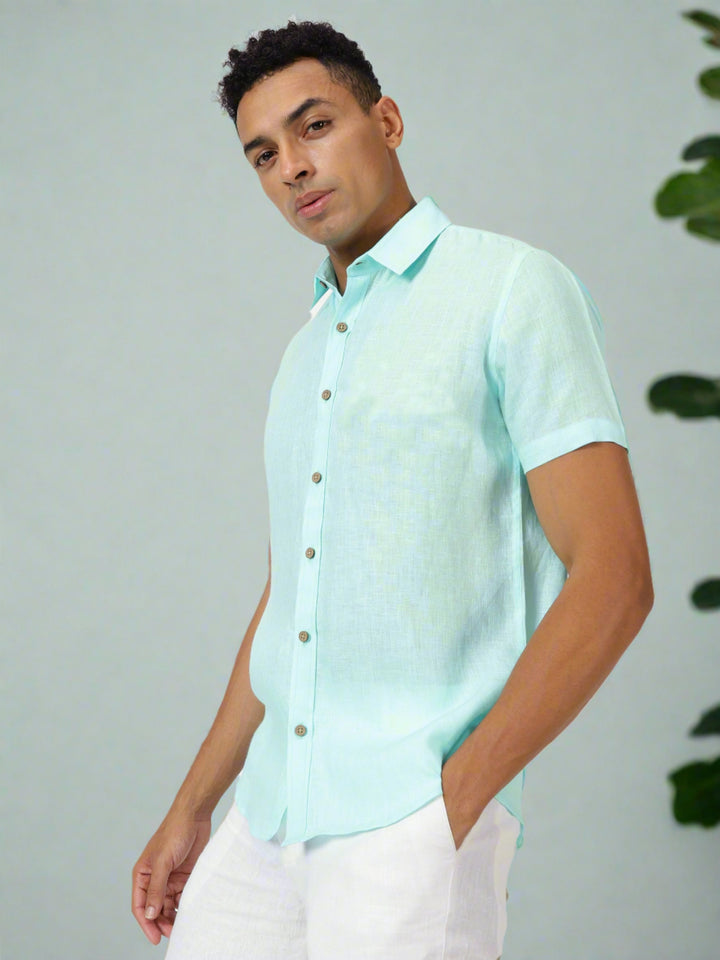 Ron - Pure Linen Half Sleeve Shirt - Cyan Blue