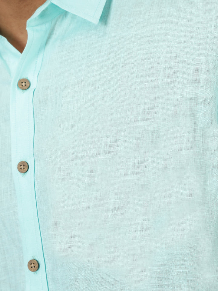 Ron - Pure Linen Half Sleeve Shirt - Cyan Blue