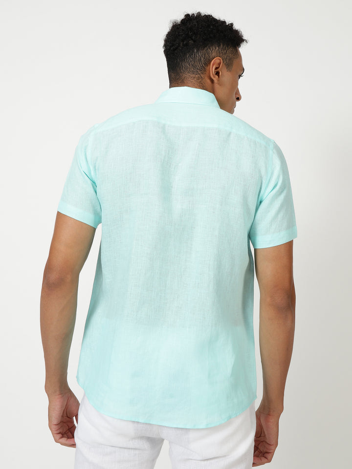 Ron - Pure Linen Half Sleeve Shirt - Cyan Blue