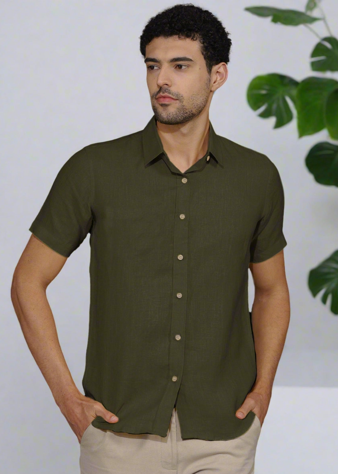 Moss Green Pure Linen Half Sleeve Shirt for Men Linen Trail Moss Green Pure Linen Half Sleeve Shirt for Men Linen Trail
