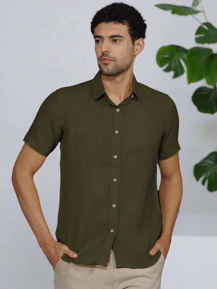 Ron - Pure Linen Half Sleeve Shirt - Moss Green