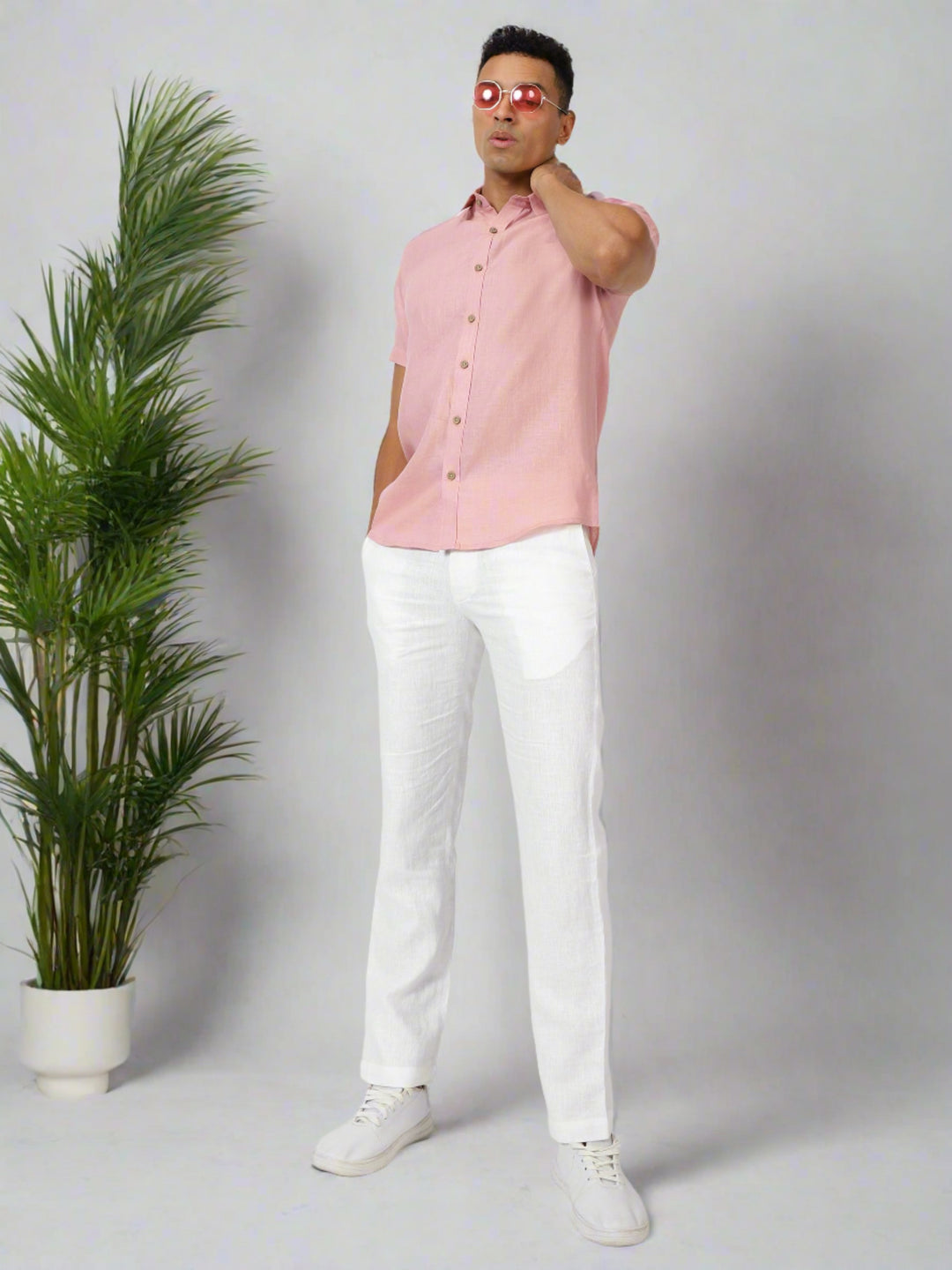 Ron - Pure Linen Half Sleeve Shirt - Salmon Pink