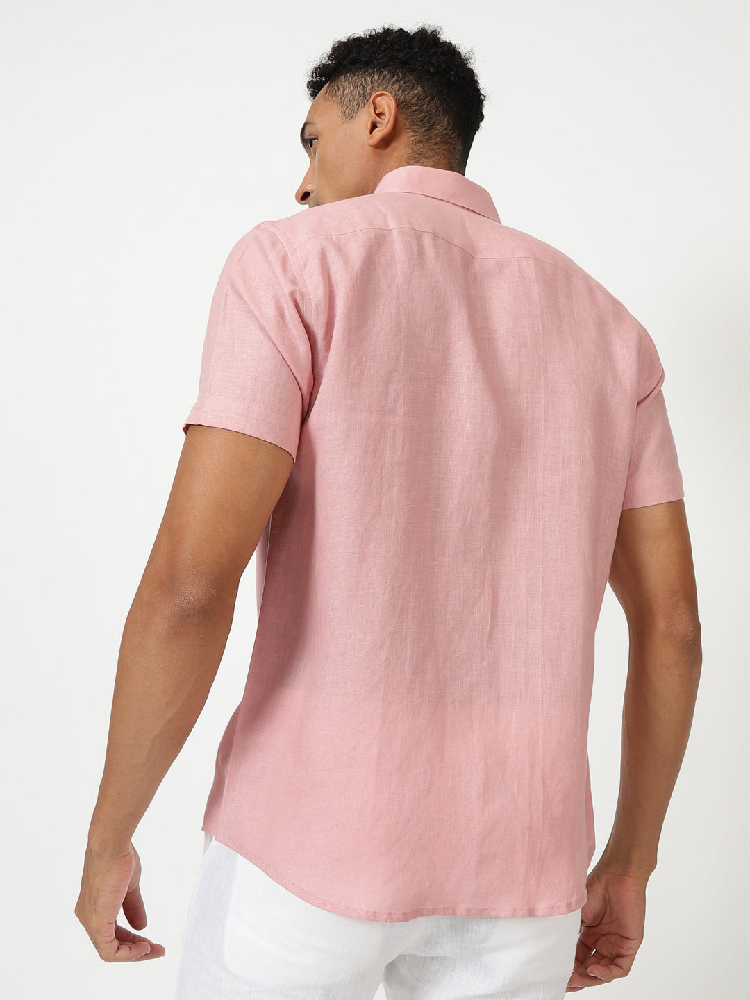 Ron - Pure Linen Half Sleeve Shirt - Salmon Pink