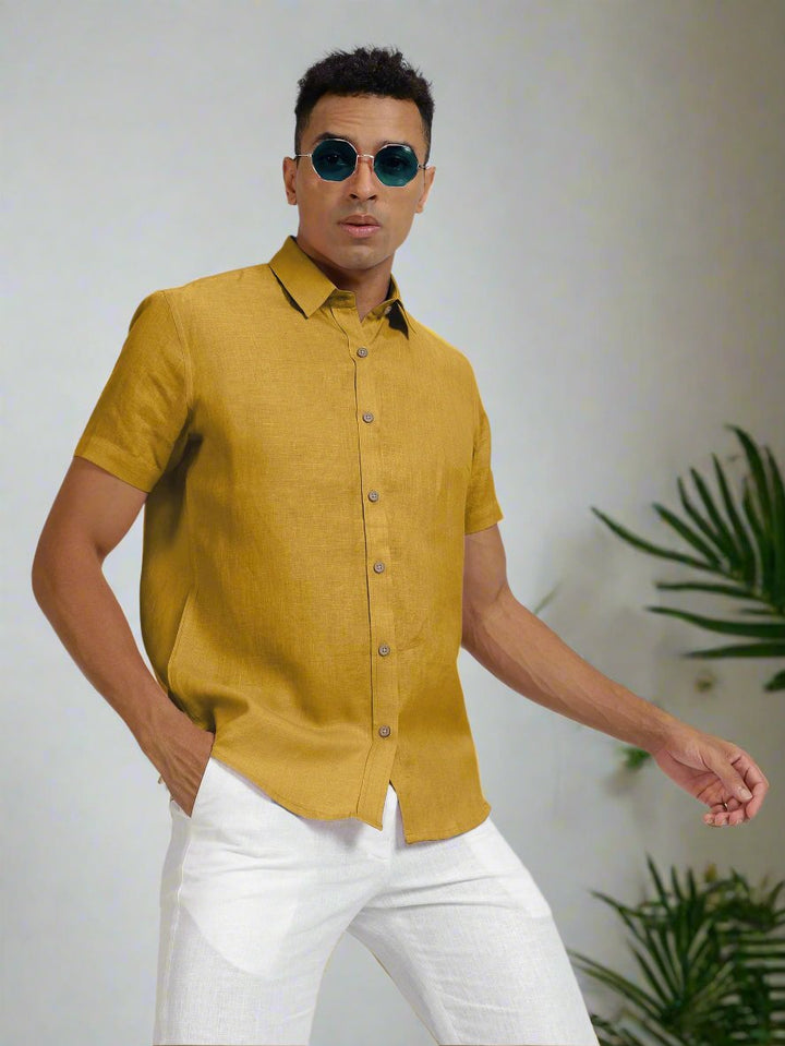 Ron - Pure Linen Half Sleeve Shirt - Spicy Mustard