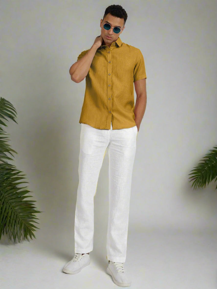 Ron - Pure Linen Half Sleeve Shirt - Spicy Mustard