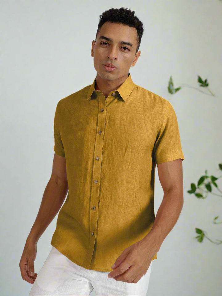 Ron - Pure Linen Half Sleeve Shirt - Spicy Mustard