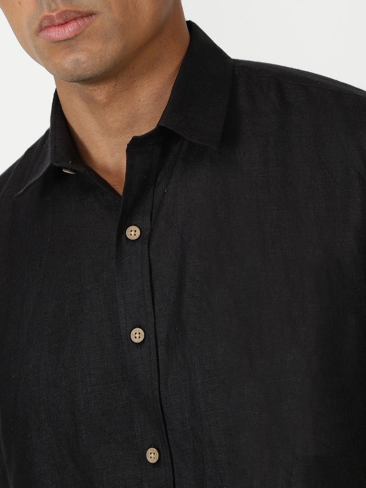 Ron - Pure Linen Half Sleeve Shirt - Black