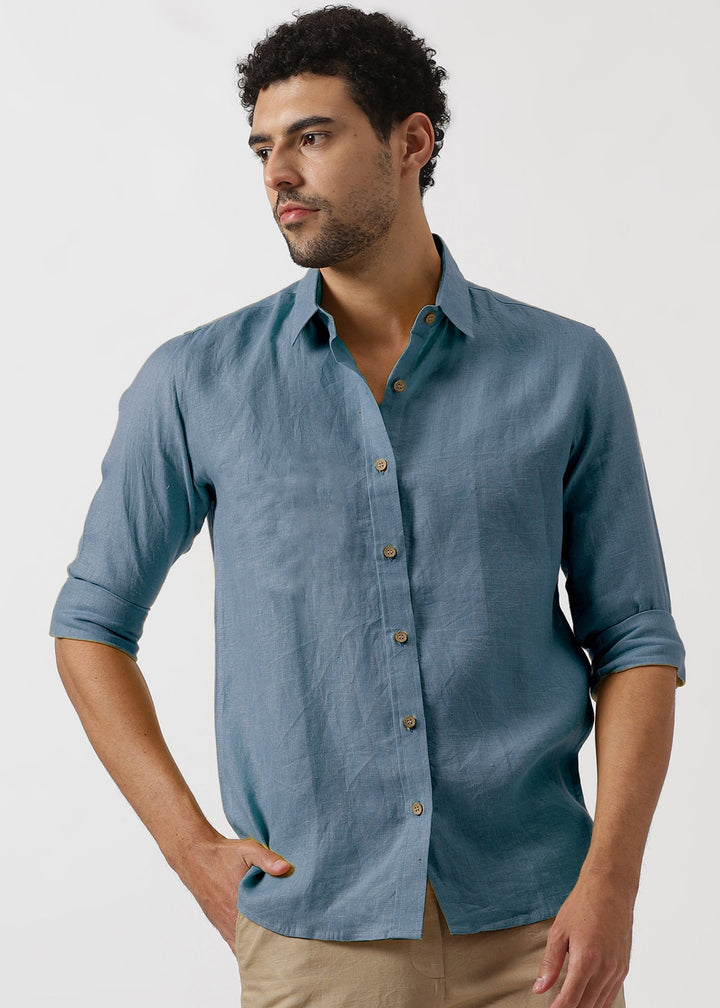 Ron - Pure Linen Full Sleeve Shirt - Blue Grey