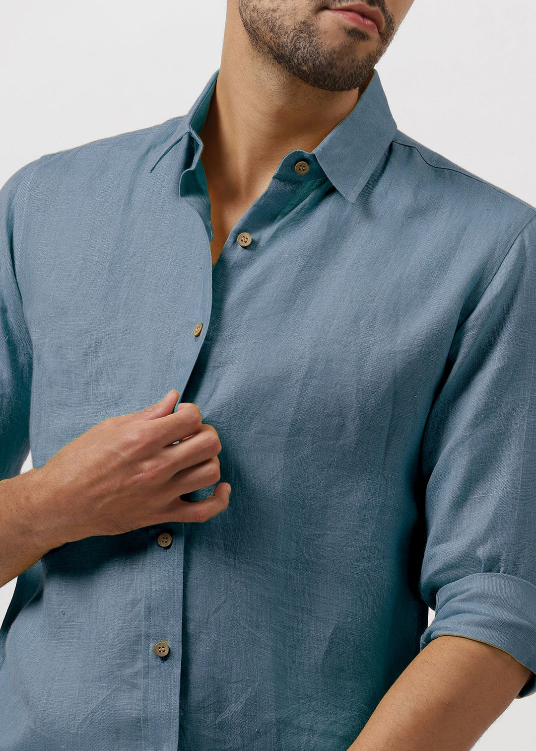 Ron - Pure Linen Full Sleeve Shirt - Blue Grey